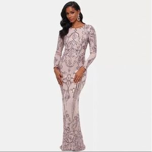 NWT Betsy & Adam Embellished Embroidered Long Sleeve Mermaid Gown in Rose Petite
